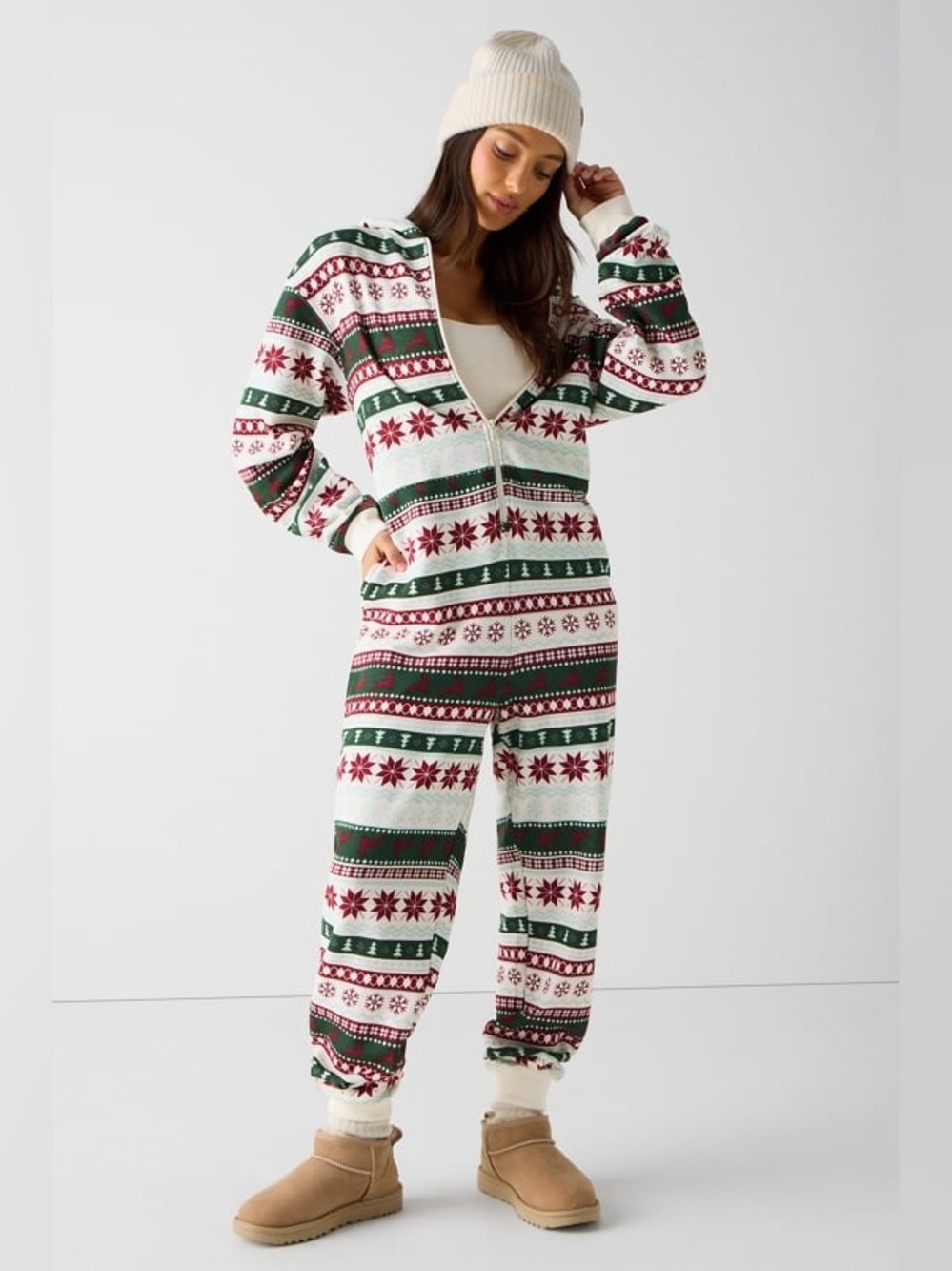 Fabletics Cozy Fleece Hooded One-Piece Holiday Fair Isle Print Womens XS